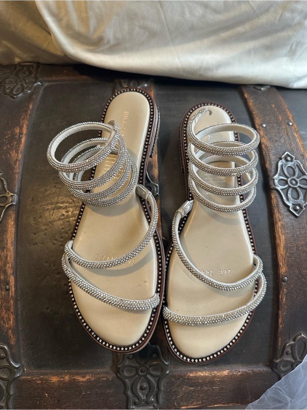 Crystal-Embellished Silver Multi-Strap Flat Sandals